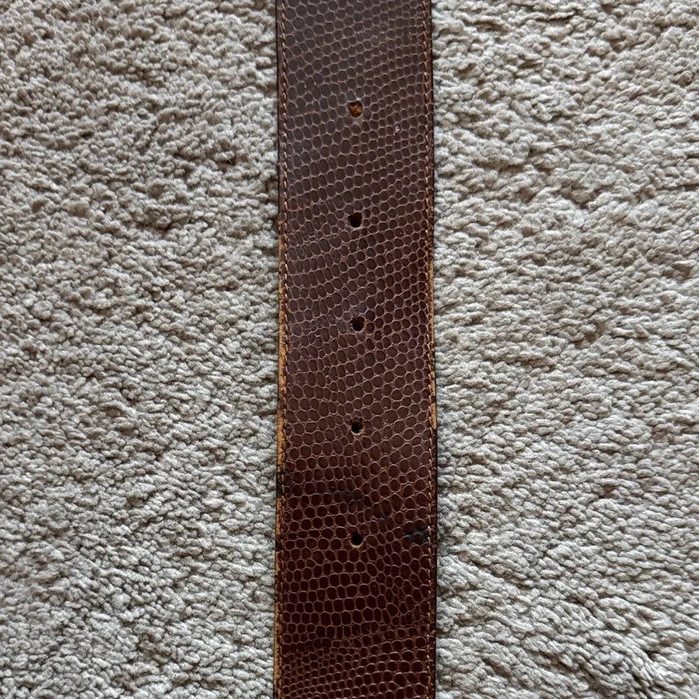 Vintage Cognac Wide Leather Belt with Snakeskin Pattern & Brass & leather Buckle
